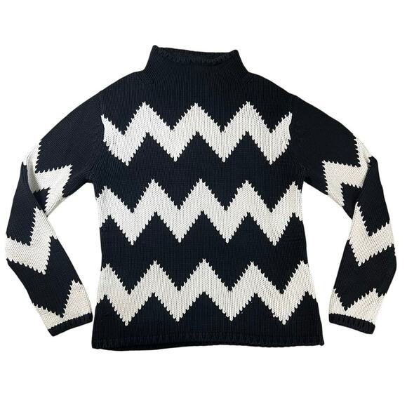 Talbots Chunky Knit Sweater Roll Mock Neck Chevron Black White Cotton Size Small - Picture 1 of 6